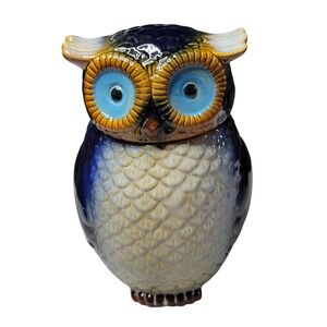 Vintage Style Gibson Ceramic Owl Cookie Jar Blue Glazed Textured Canister 8.5 in